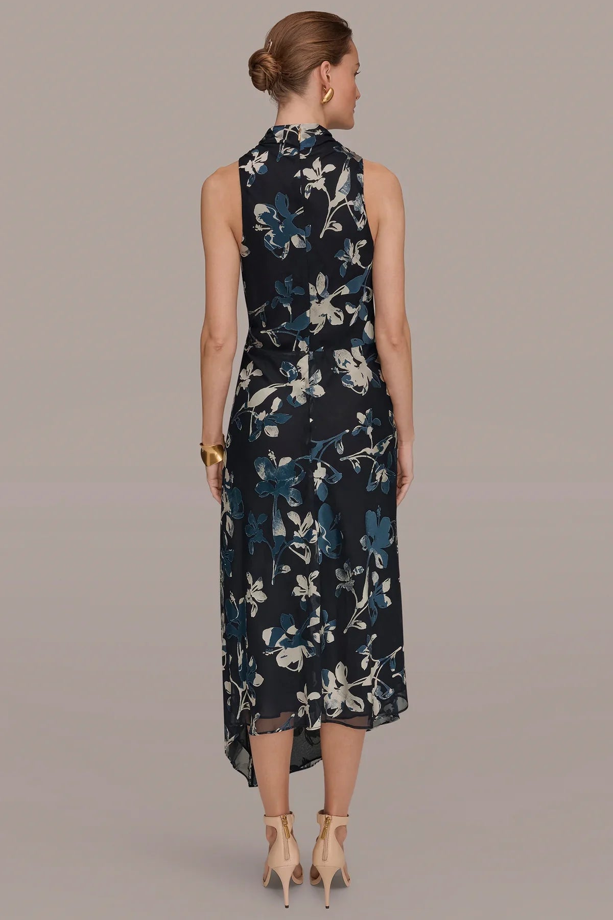 Women Floral Burnout Mock Neck Midi Dress Asymmetric Hem - Image 10