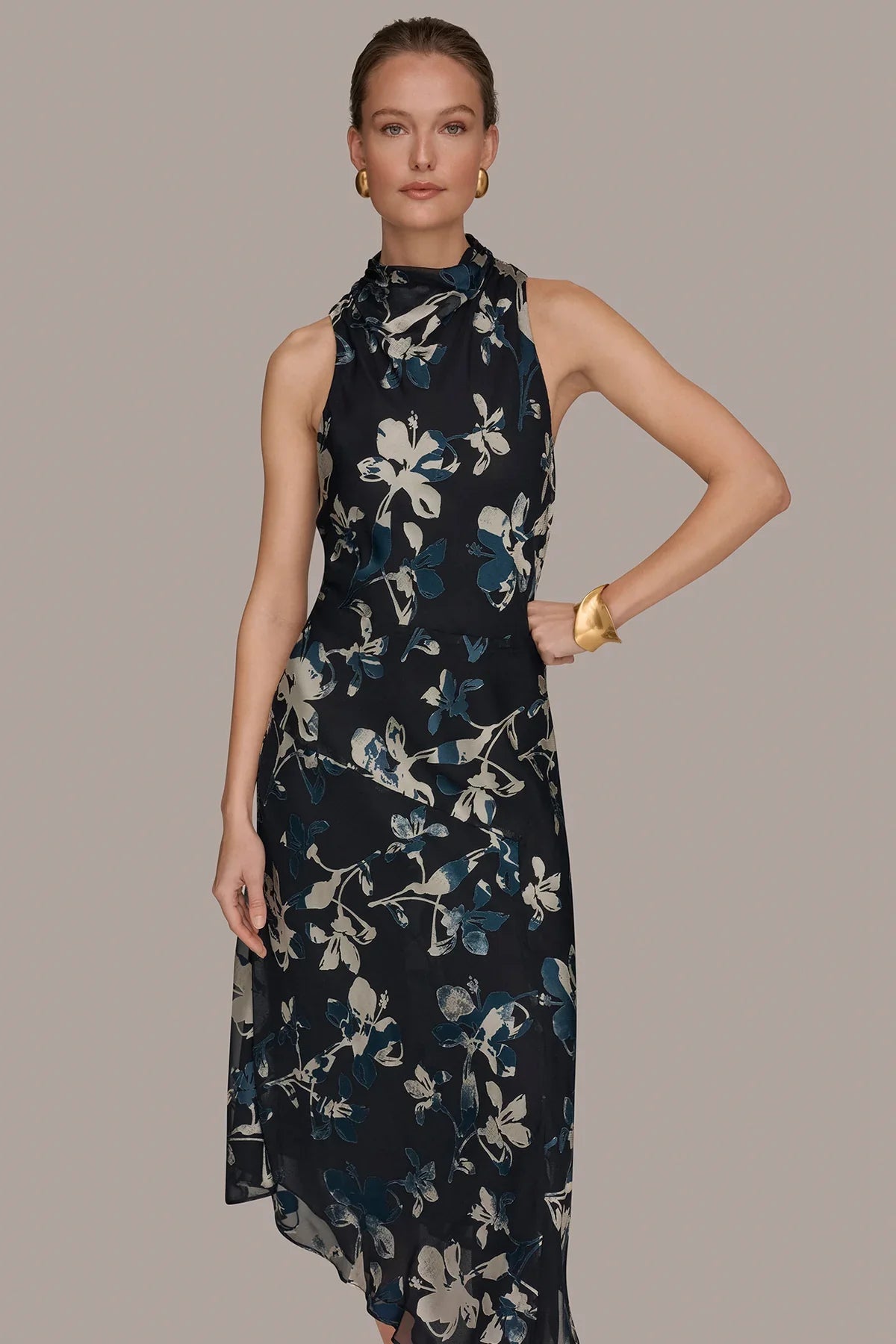 Women Floral Burnout Mock Neck Midi Dress Asymmetric Hem - Image 9