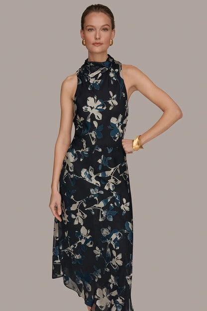 Women Floral Burnout Mock Neck Midi Dress Asymmetric Hem - Image 9