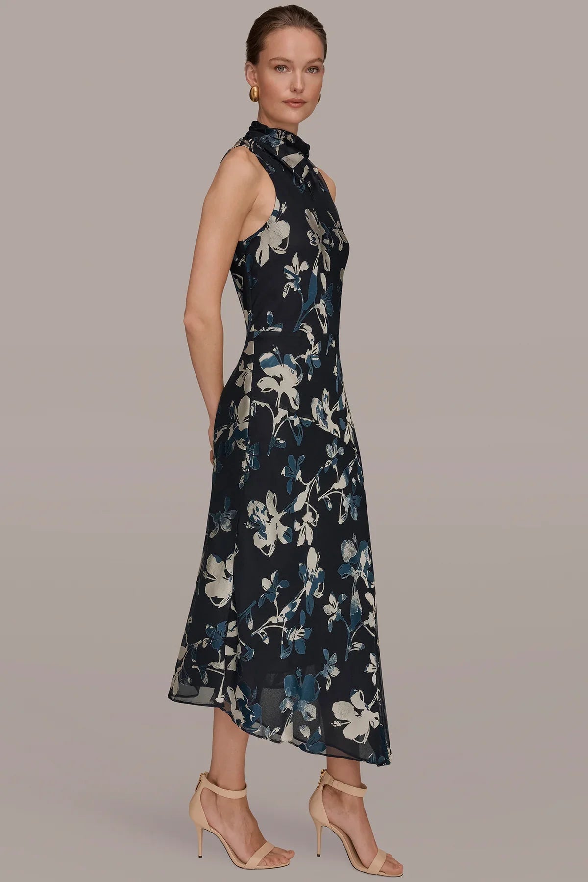 Women Floral Burnout Mock Neck Midi Dress Asymmetric Hem - Image 11