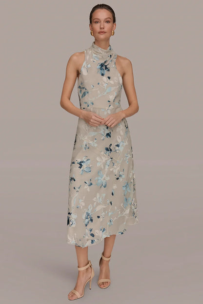 Women Floral Burnout Mock Neck Midi Dress Asymmetric Hem - Image 4