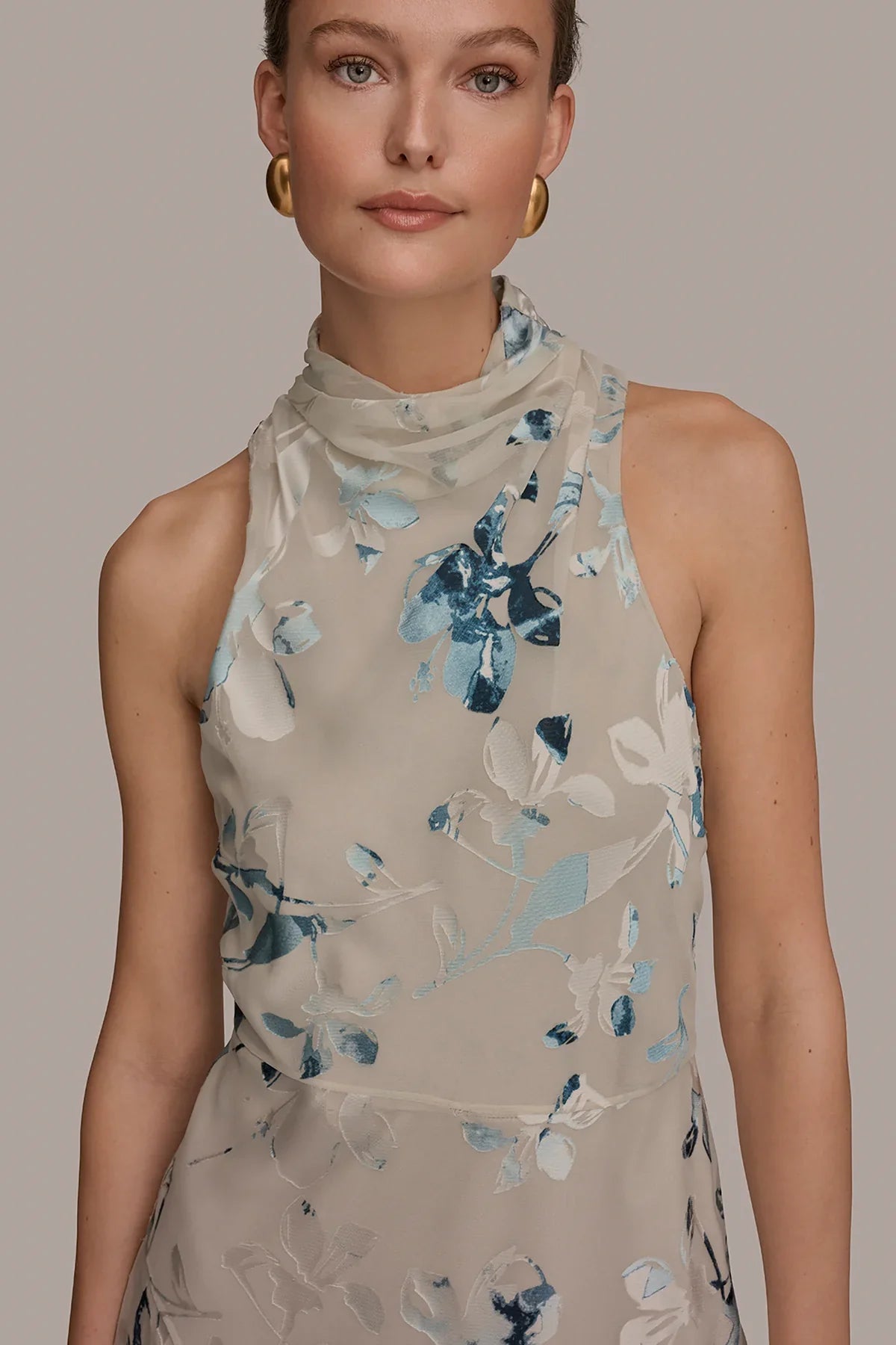 Women Floral Burnout Mock Neck Midi Dress Asymmetric Hem - Image 6