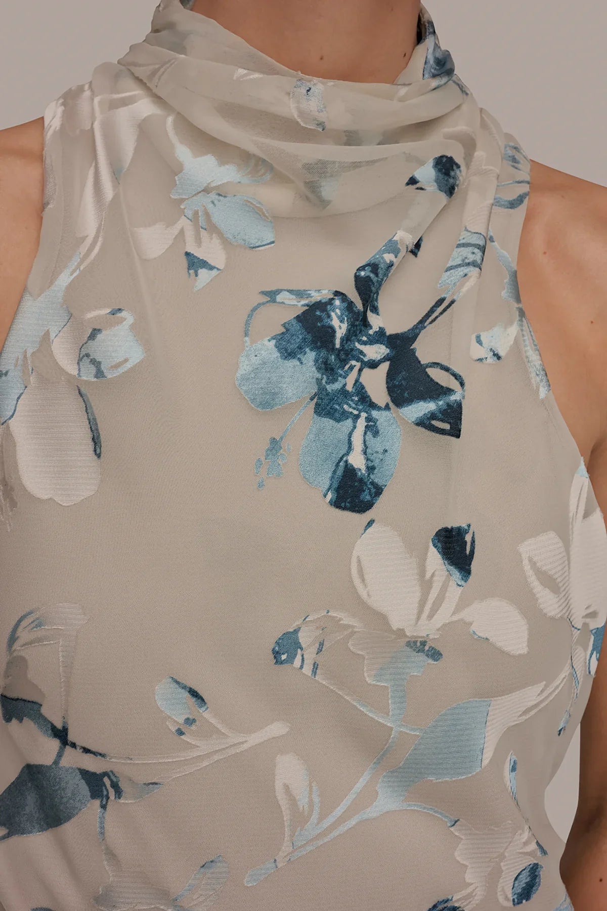 Women Floral Burnout Mock Neck Midi Dress Asymmetric Hem - Image 7