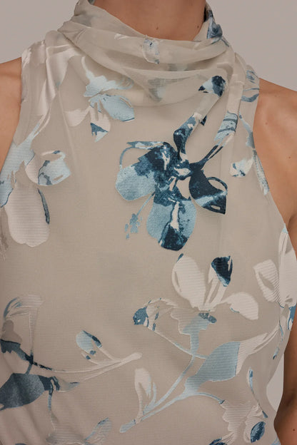 Women Floral Burnout Mock Neck Midi Dress Asymmetric Hem - Image 7