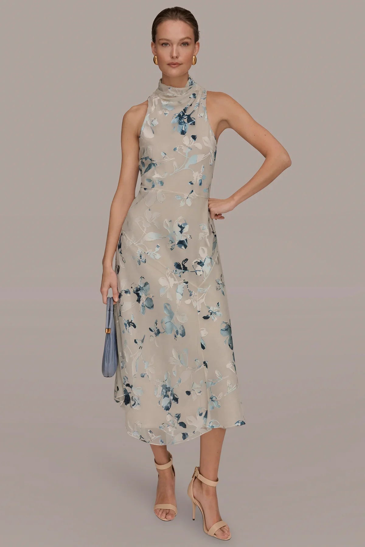 Women Floral Burnout Mock Neck Midi Dress Asymmetric Hem