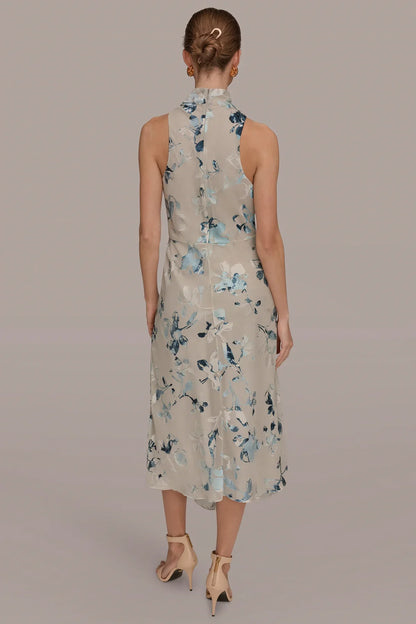 Women Floral Burnout Mock Neck Midi Dress Asymmetric Hem - Image 2