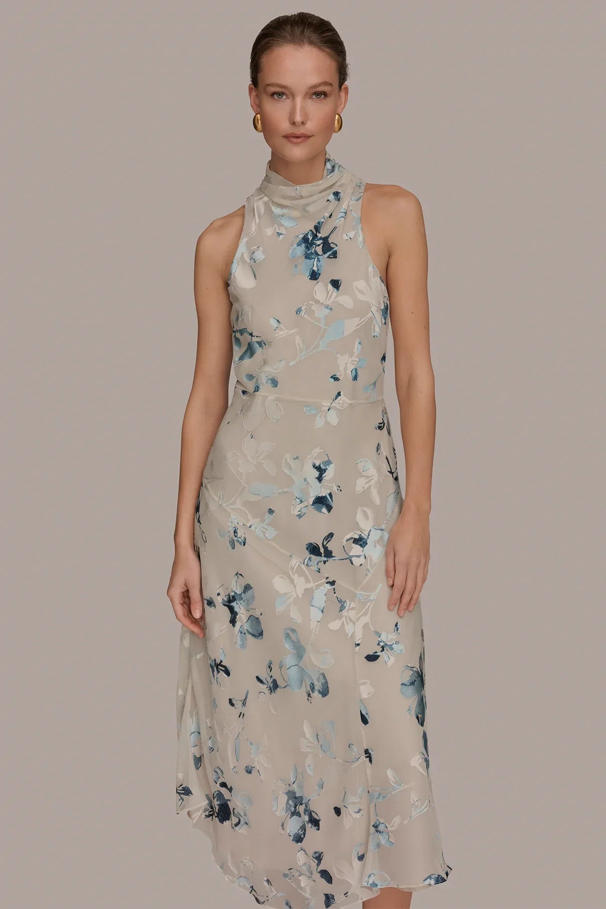 Women Floral Burnout Mock Neck Midi Dress Asymmetric Hem - Image 5