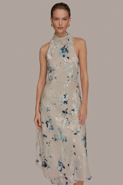 Women Floral Burnout Mock Neck Midi Dress Asymmetric Hem - Image 5