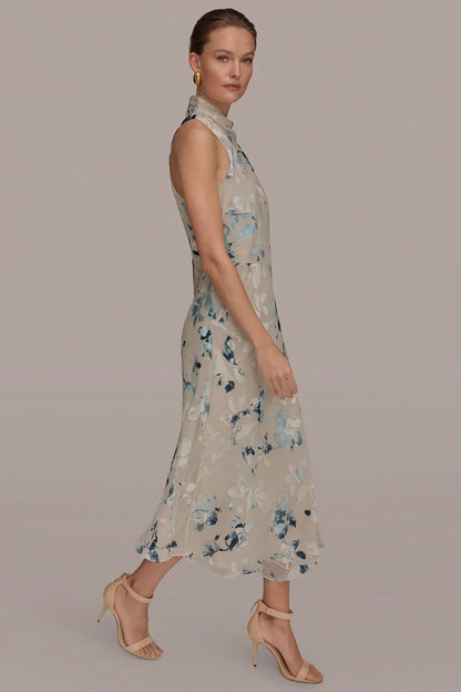 Women Floral Burnout Mock Neck Midi Dress Asymmetric Hem - Image 3