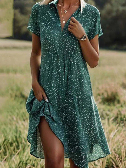 Women Midi Shirt Dress Short Sleeve Button Down Office