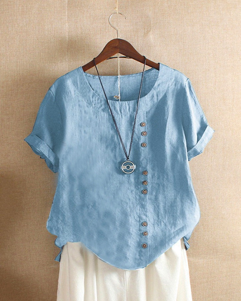 Women Cotton Short Sleeve Button Detail Top