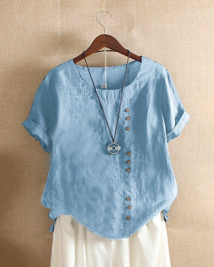 Women Cotton Short Sleeve Button Detail Top
