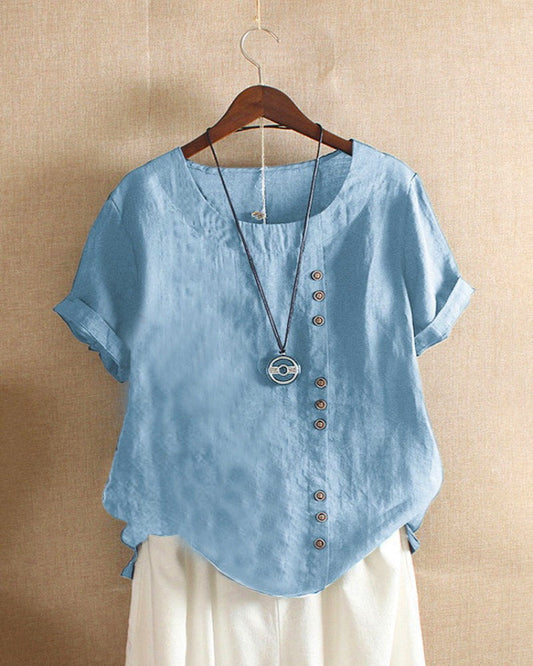 Women Cotton Short Sleeve Button Detail Top