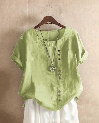 Women Cotton Short Sleeve Button Detail Top - Image 2
