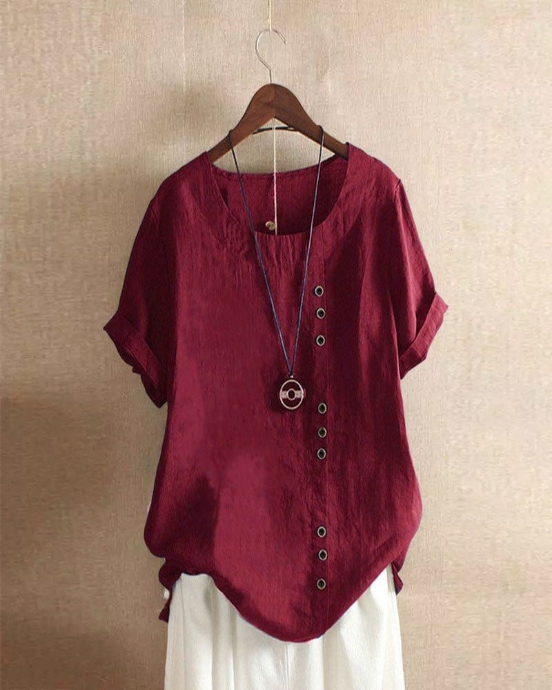 Women Cotton Short Sleeve Button Detail Top - Image 8