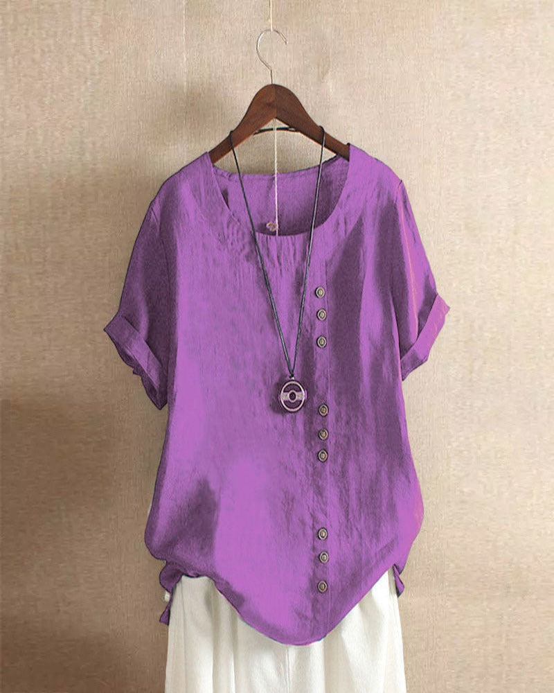 Women Cotton Short Sleeve Button Detail Top - Image 9