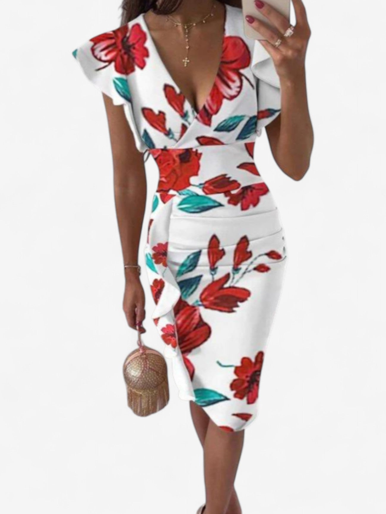 Damska Elegancka Sukienka Midi Bodycon I Falbankowymi Rękawkami - Image 11