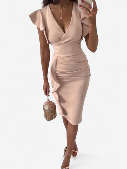 Damska Elegancka Sukienka Midi Bodycon I Falbankowymi Rękawkami - Image 5