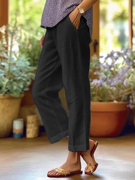 Women Linen Tapered Cropped Pants Cuffed - Image 4