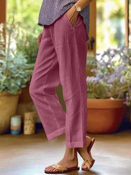 Women Linen Tapered Cropped Pants Cuffed - Image 5