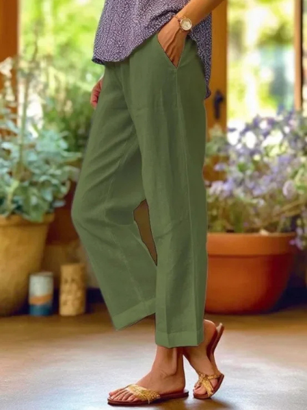 Women Linen Tapered Cropped Pants Cuffed - Image 6