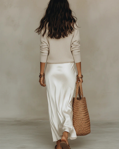 Delmiora - Satin Midi Dress And Sweater Set