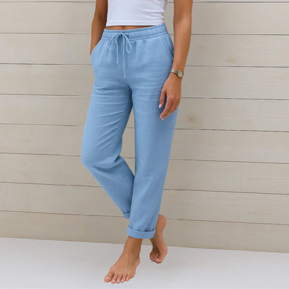 Women Linen Drawstring Wide Leg Pants Relaxed Fit - Image 3