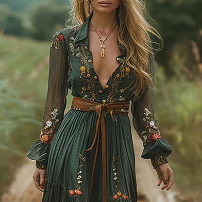 Women Embroidered Bohemian Maxi Dress V Neck - Image 8