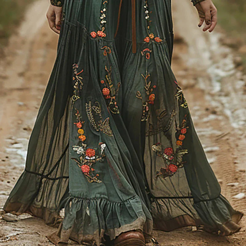 Women Embroidered Bohemian Maxi Dress V Neck - Image 9