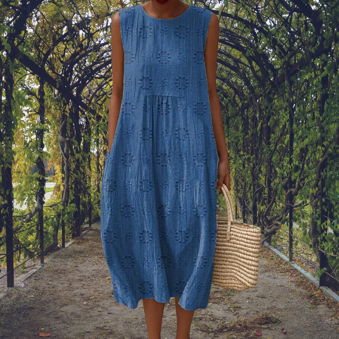 Women's Crinkle Cotton Sleeveless Embroidered Midi Dress - Image 2