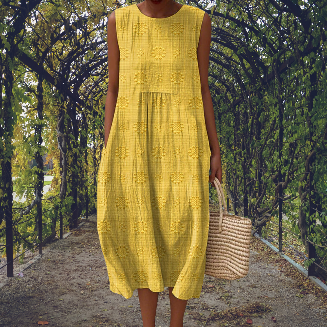 Women's Crinkle Cotton Sleeveless Embroidered Midi Dress - Image 3