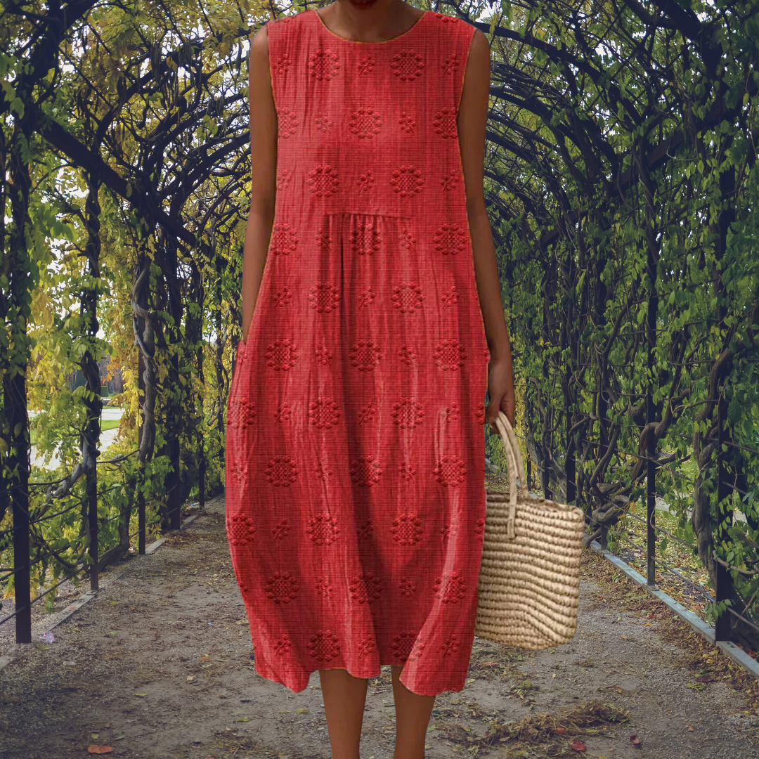 Women's Crinkle Cotton Sleeveless Embroidered Midi Dress - Image 5
