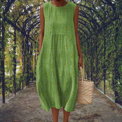 Women's Crinkle Cotton Sleeveless Embroidered Midi Dress