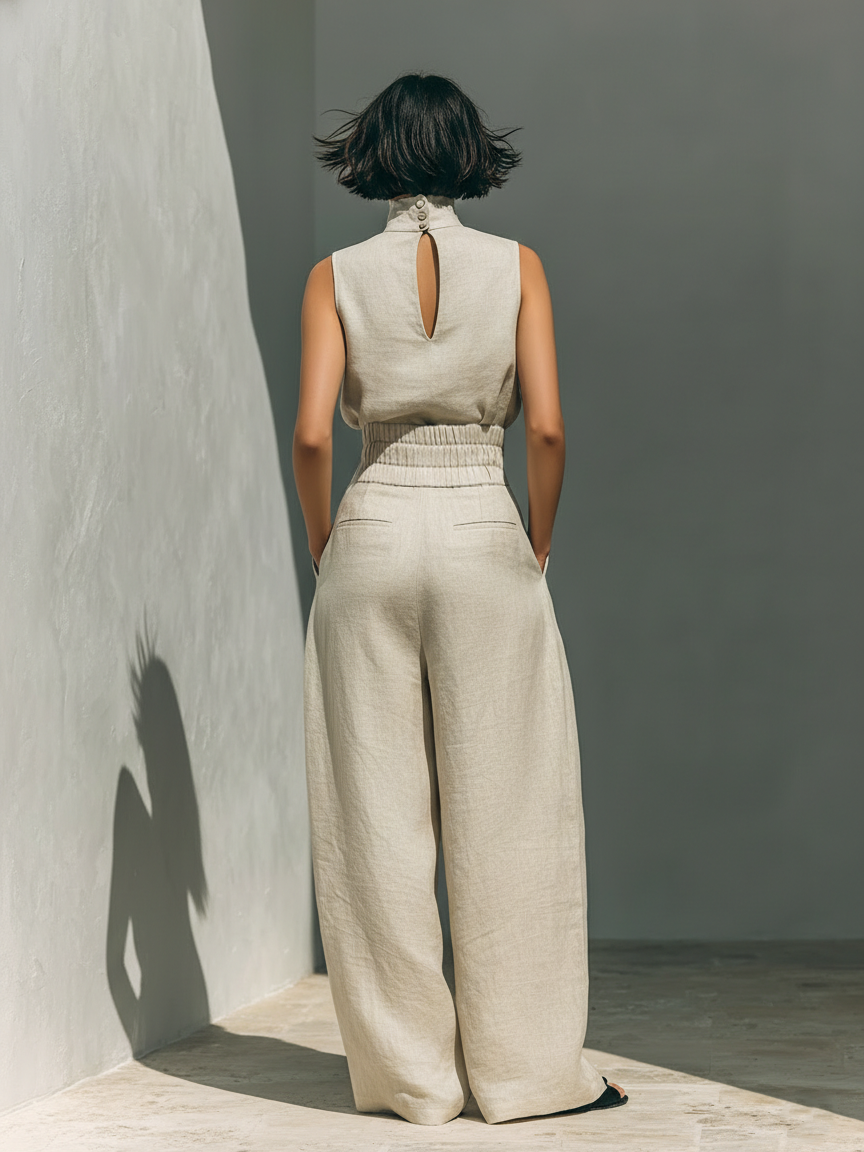 Catrine – Ensemble débardeur en coton et lin et pantalon à jambes larges