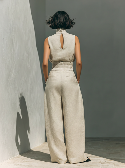 Catrine – Ensemble débardeur en coton et lin et pantalon à jambes larges