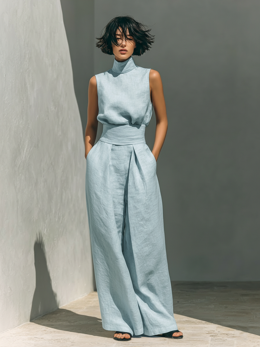 Catrine – Ensemble débardeur en coton et lin et pantalon à jambes larges