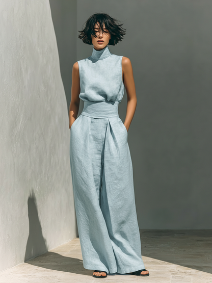Catrine – Ensemble débardeur en coton et lin et pantalon à jambes larges