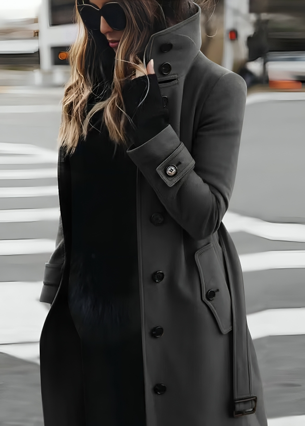 Manteau long pour femme à col montant et ceinture nouée