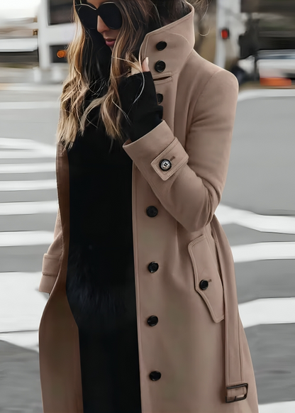 Manteau long pour femme à col montant et ceinture nouée