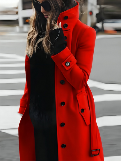 Manteau long pour femme à col montant et ceinture nouée