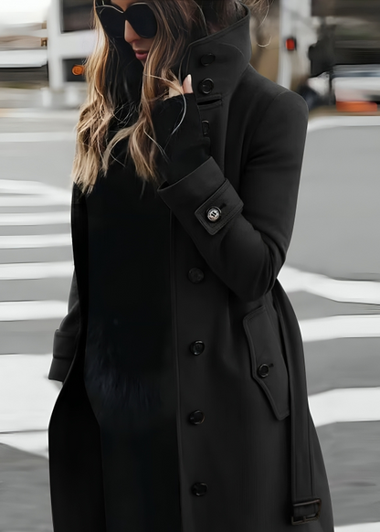 Manteau long pour femme à col montant et ceinture nouée
