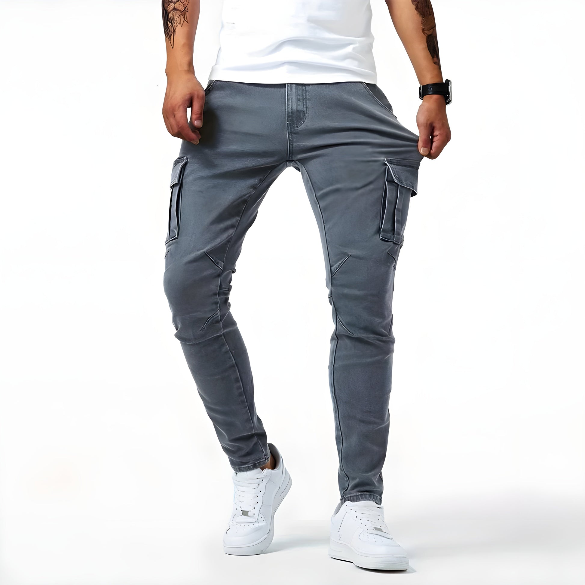 Men's Stretch Denim Cargo Pants Elastic Waist - Image 2