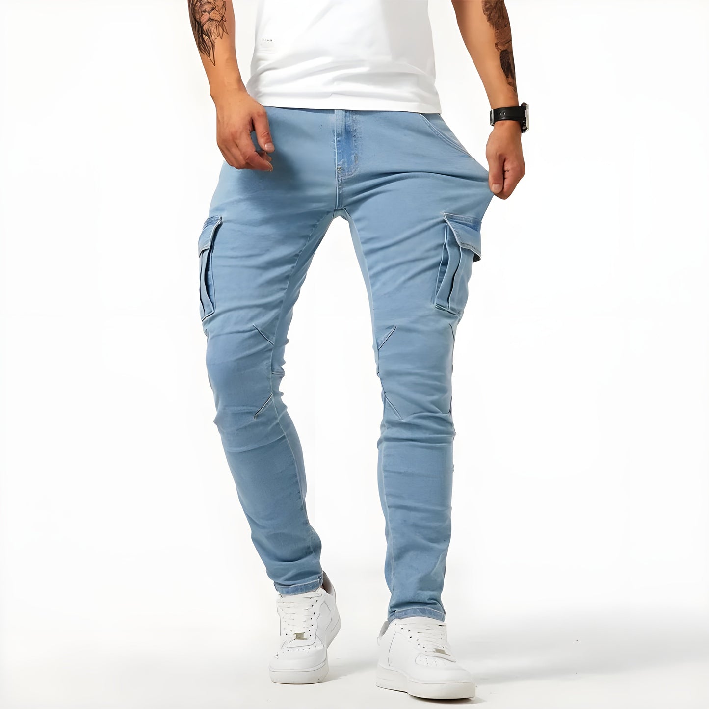 Men's Stretch Denim Cargo Pants Elastic Waist - Image 7