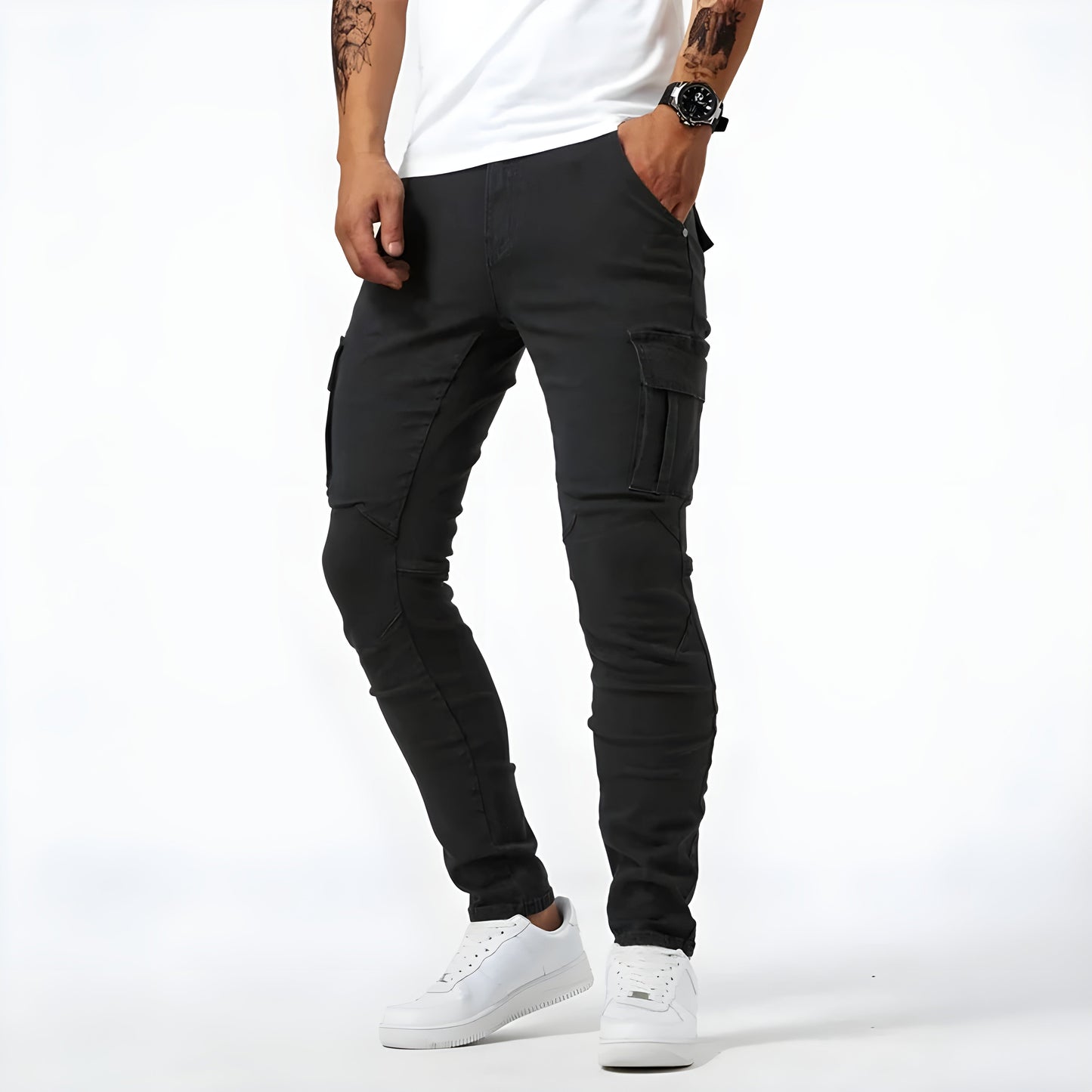 Men's Stretch Denim Cargo Pants Elastic Waist - Image 5