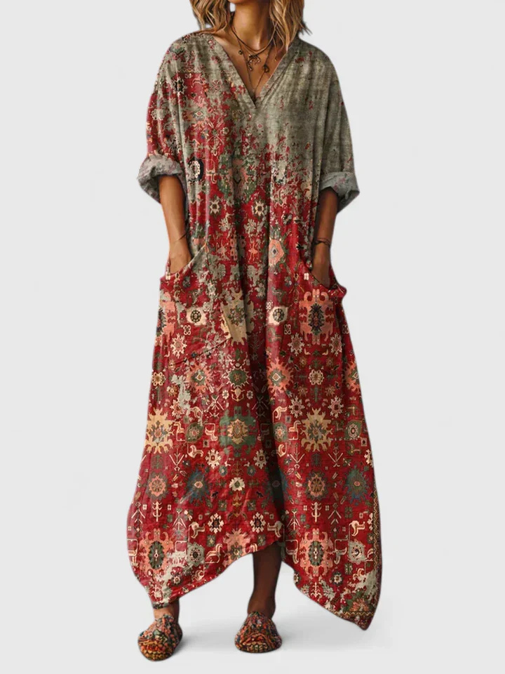 Women's Cotton Boho Maxi Dress with Pockets - Image 2