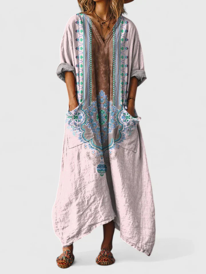 Women's Cotton Boho Maxi Dress with Pockets - Image 3