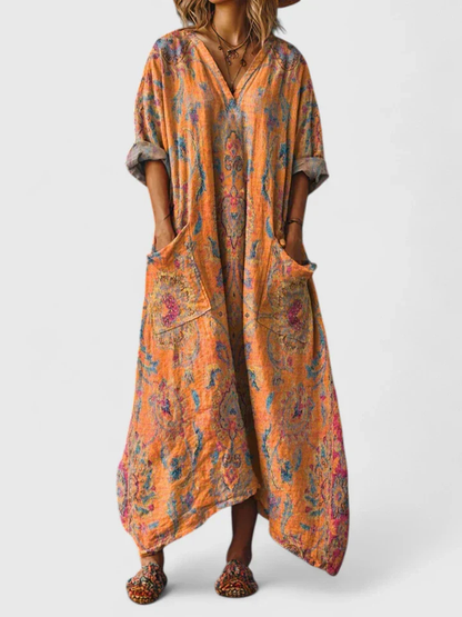 Women's Cotton Boho Maxi Dress with Pockets
