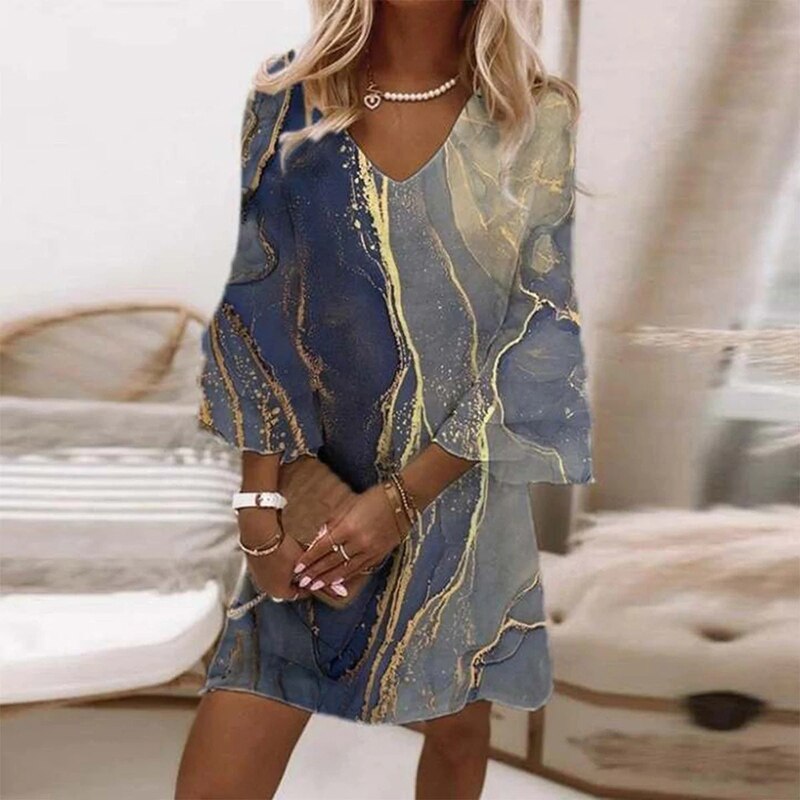 Women Marble Print V Neck Mini Dress - Image 2
