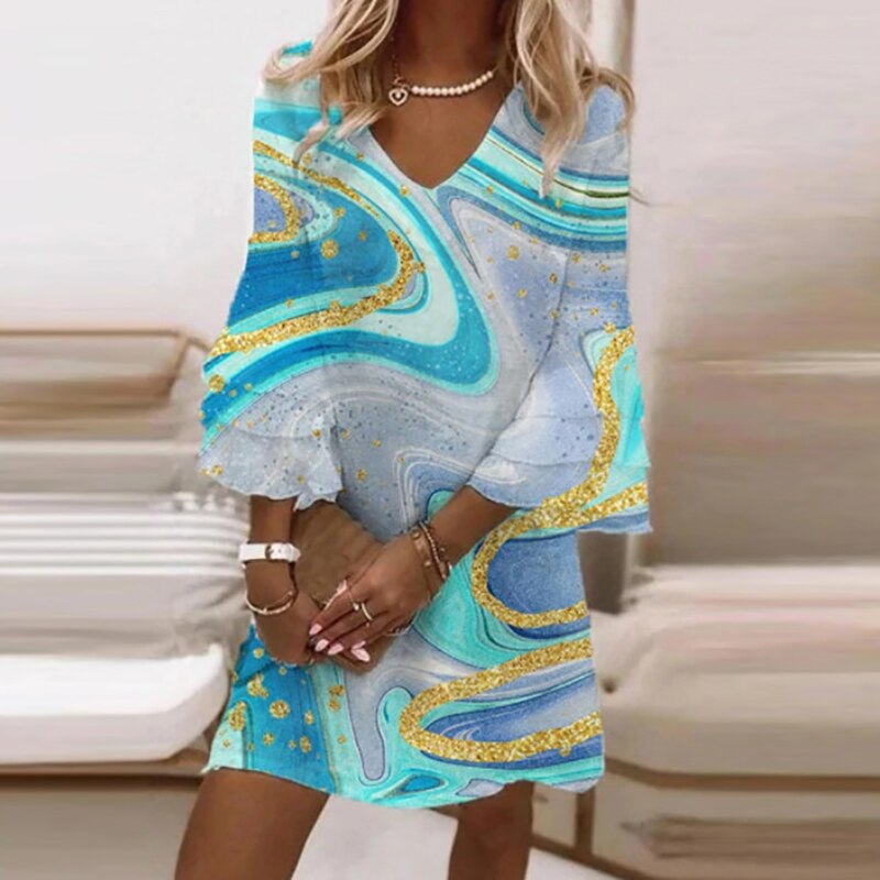 Women Marble Print V Neck Mini Dress - Image 3