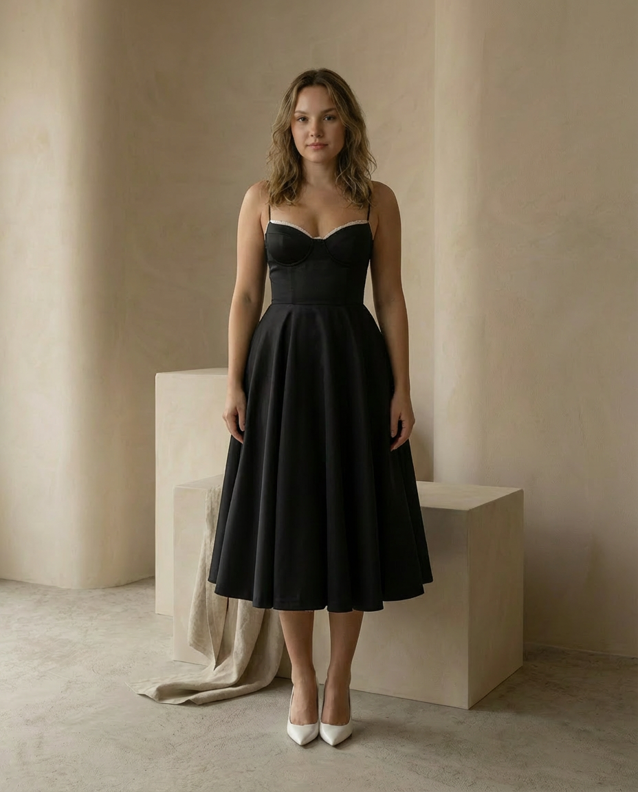 Women Fit and Flare Spaghetti Strap V-Neck Midi Dress - Image 2